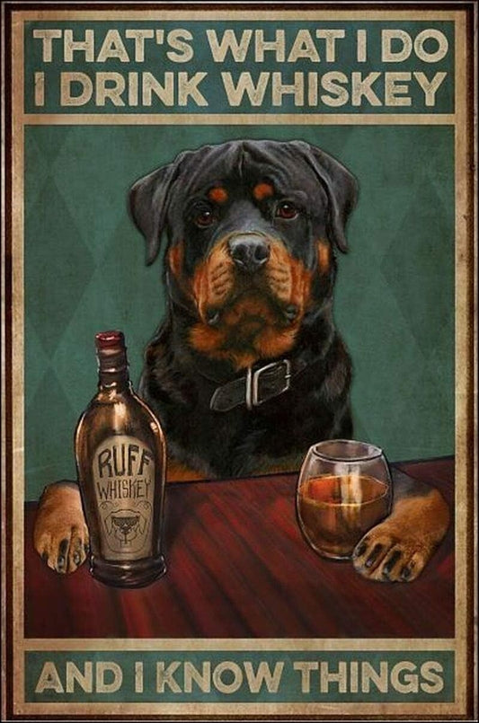 Rottweiler I Drink Whiskey and I Know Things Poster Display Digital Download Canvas Wall Art Print, Junk Journal, Cottage Core, DIY Art Gift