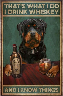 Rottweiler I Drink Whiskey and I Know Things Poster Display Digital Download Canvas Wall Art Print, Junk Journal, Cottage Core, DIY Art Gift