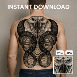 Serpent Sovereign – Cobra Back Tattoo Design | Printable Blackwork Snake Flash for Backpiece or Temporary Tattoo Design, DIY Craft Projects
