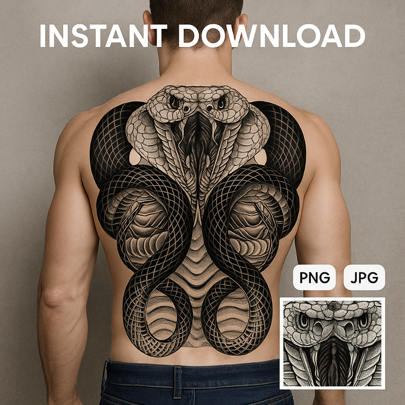 Serpent Sovereign – Cobra Back Tattoo Design | Printable Blackwork Snake Flash for Backpiece or Temporary Tattoo Design, DIY Craft Projects
