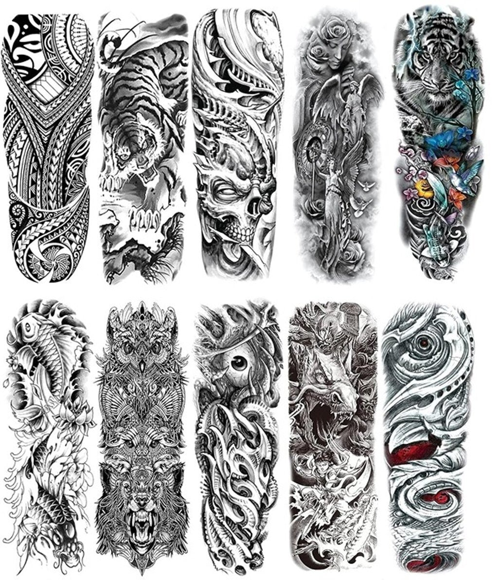 Set of 10 Full Arm Tattoo Sleeves Temporary Large Fake Body Art For Men or Women