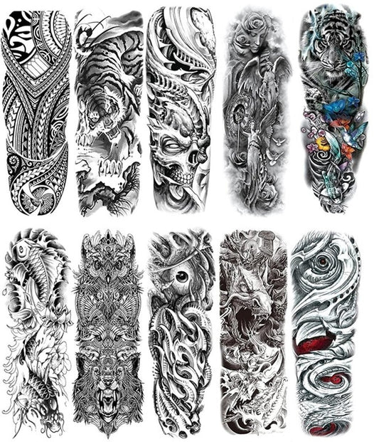 Set of 10 Full Arm Tattoo Sleeves Temporary Large Fake Body Art For Men or Women
