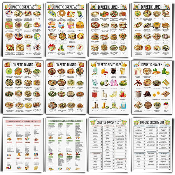 Set of 12 Diabetes Food List Diabetes Meal Chart Information Type 2 Diabetic Breakfast Lunch Dinner Meals for Diabetics Laminated 8.5 x 11