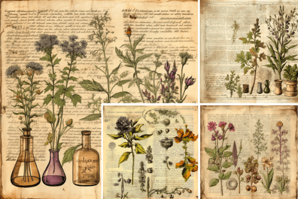 Shabby Chic Herbs Prints on Old Retro Vintage Paper, Ephemera, mini album, potion book, scrapbook, minimalist wall art, junk journal kit