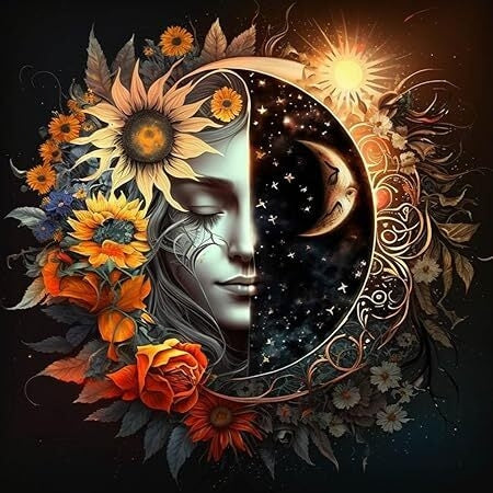 Sun and Moon Face in the Night Sky - Printable AI Created Hand Crafted One of A Kind - Digital Download Wall Art Print Cottage Core DIY Gift
