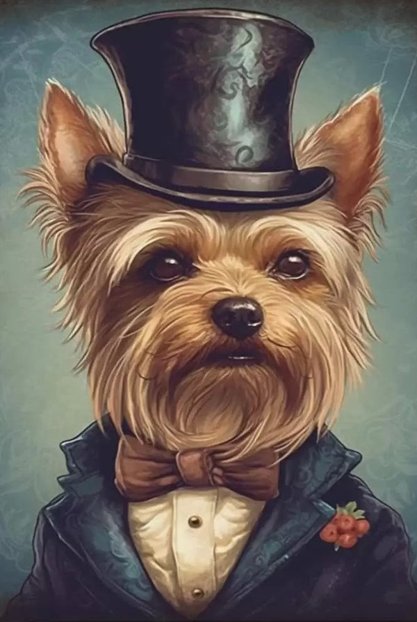 Terrier In A Top Hat - AI Created Gift for Dog Lover - Digital Download Canvas Print Wall Art Poster, Junk Journal Cottage Core DIY Craft 