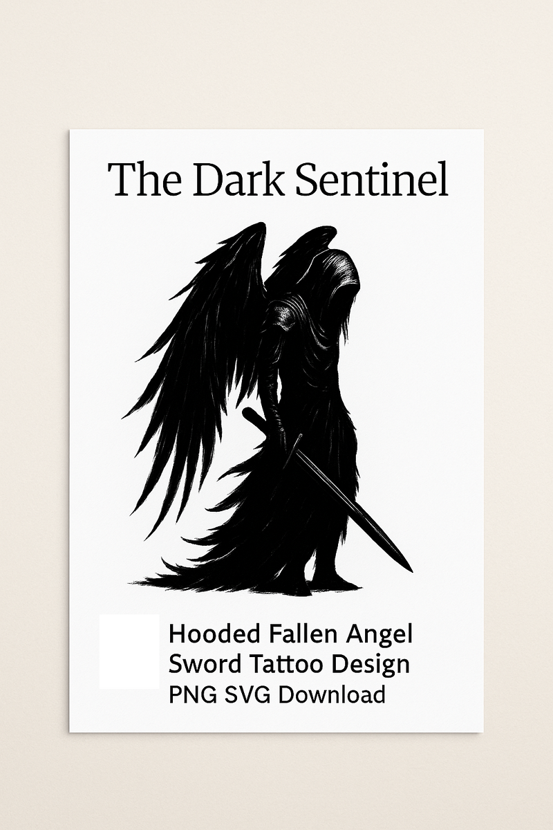 The Dark Sentinel – Hooded Fallen Angel Sword Tattoo Design PNG SVG Download for Gothic Fantasy Art, Back Piece, Sublimation or Craft Use