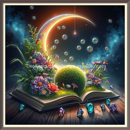 The Witching Hour Crescent Moon Open Book AI Created One of a Kind Digital Download Canvas Poster Wall Art DIY Printable DIY Craft Supply
