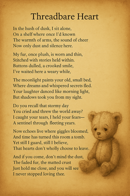 Threadbare Heart – Vintage Teddy Bear Poem Print for Child’s Room | Emotional Nursery Wall Art | Instant Digital Download for Keepsake Gift