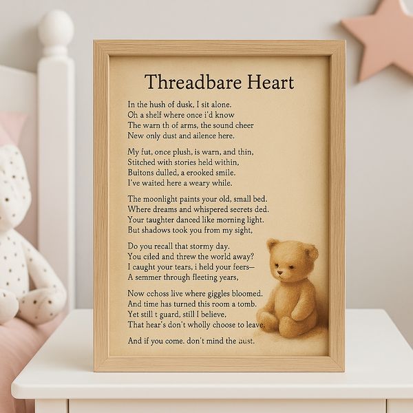 Threadbare Heart – Vintage Teddy Bear Poem Print for Child’s Room | Emotional Nursery Wall Art | Instant Digital Download for Keepsake Gift