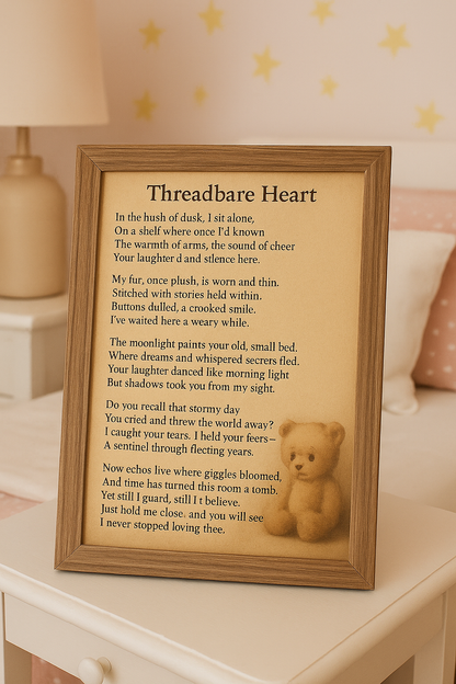 Threadbare Heart – Vintage Teddy Bear Poem Print for Child’s Room | Emotional Nursery Wall Art | Instant Digital Download for Keepsake Gift