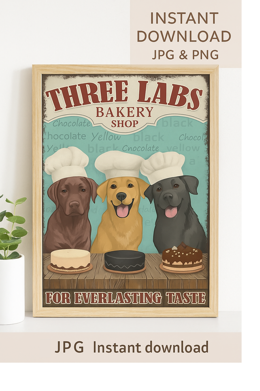 Three Labs Digital Bakery Print – Labrador Retriever Wall Art PNG JPG Instant Download – Vintage Dog Kitchen Decor for Retro Pet Lovers