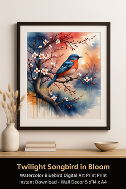 Twilight Songbird in Bloom – Watercolor Bluebird Digital Art Print – Cherry Blossom Tree Sunset Painting – Instant Download DIY Wall Decor