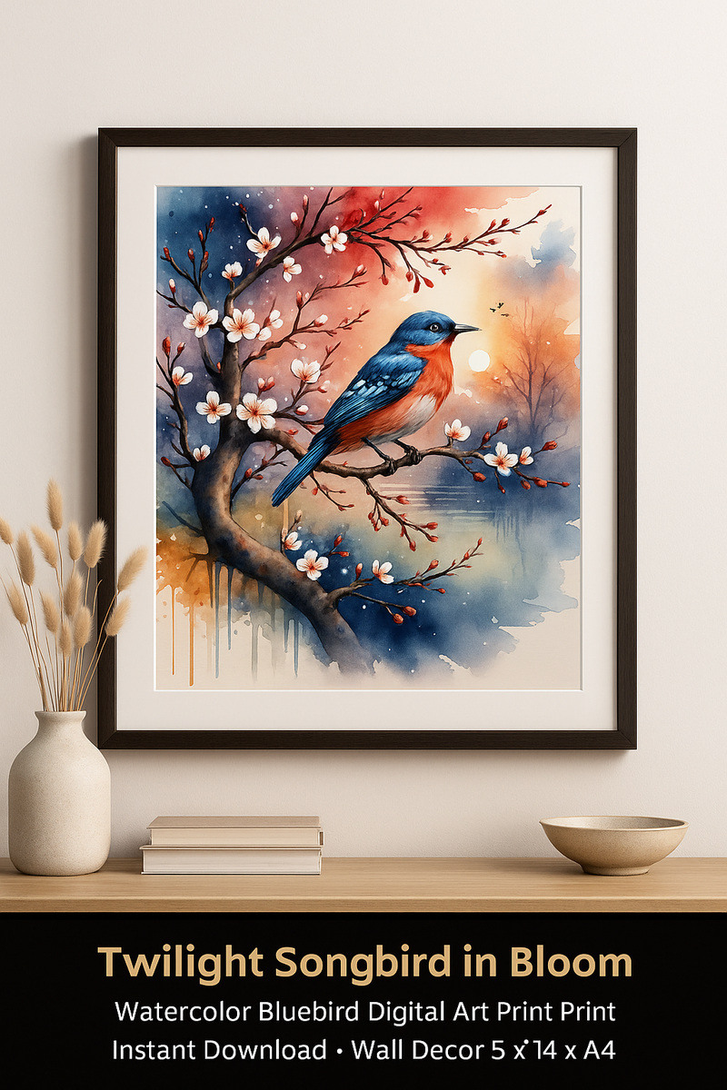Twilight Songbird in Bloom – Watercolor Bluebird Digital Art Print – Cherry Blossom Tree Sunset Painting – Instant Download DIY Wall Decor