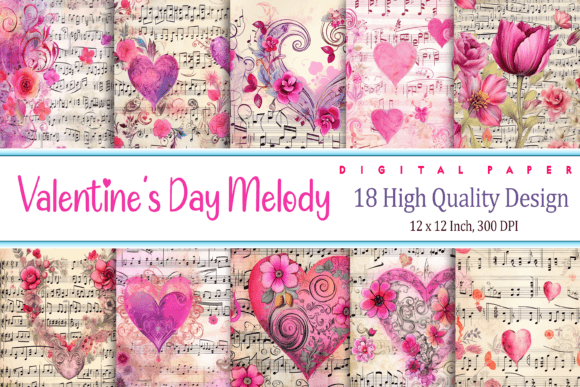 Printable Valentine Day Graphics Digital Background Textures and Images Musical Notes Retro Bundle 18 HD Images Digital Paper 12x12" 300 DPI