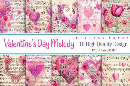 Printable Valentine Day Graphics Digital Background Textures and Images Musical Notes Retro Bundle 18 HD Images Digital Paper 12x12" 300 DPI