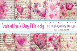 Printable Valentine Day Graphics Digital Background Textures and Images Musical Notes Retro Bundle 18 HD Images Digital Paper 12x12" 300 DPI