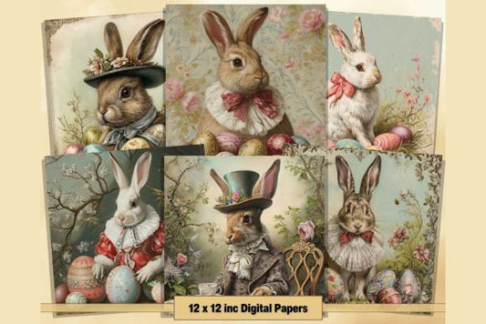Victorian Easter Bunny Digital Papers, Printable Happy Easter Pages
