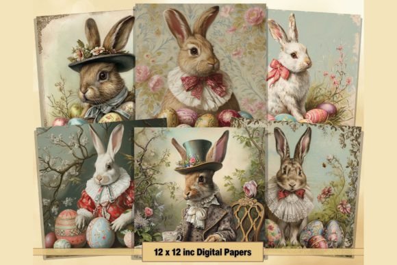 Victorian Easter Bunny Digital Papers, Printable Happy Easter Pages