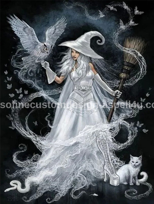 White Magic Witch with Owl and Cat AI Created One of a Kind Digital Download Canvas Poster Wall Art DIY Printable Gift Make Your Own Crafts
