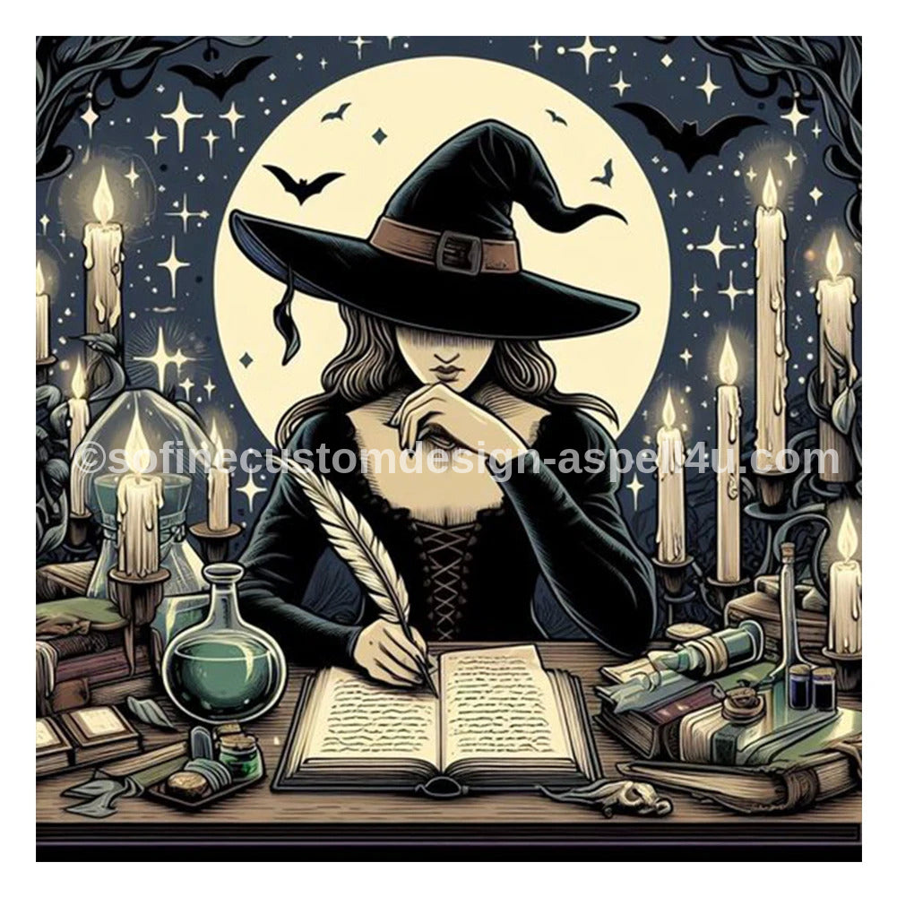 Witch Composing a Spell in Book of Shadows AI Created One of a Kind Digital Download Canvas Poster Wall Art DIY Printable DIY Craft Supply
