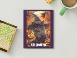 Witch Kitten Halloween Card Art AI Created Wicca Witch Design - Digital Download Art Paper for Junk Journal Scrapbook Cottage Core DIY Cards
