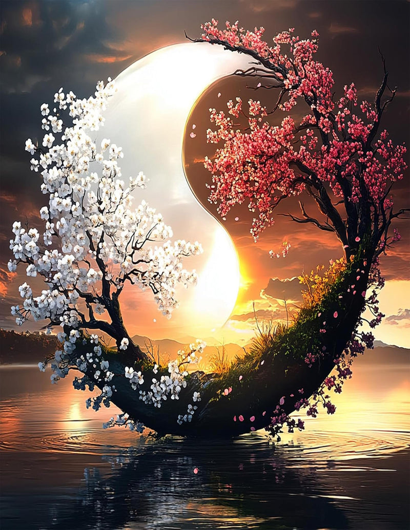 Yin Yang Cherry Blossom Digital Art – Sunset Sakura Tree Symbolism in PNG and SVG Formats – Fine Art Download for Sublimation, Vinyl, and Framing