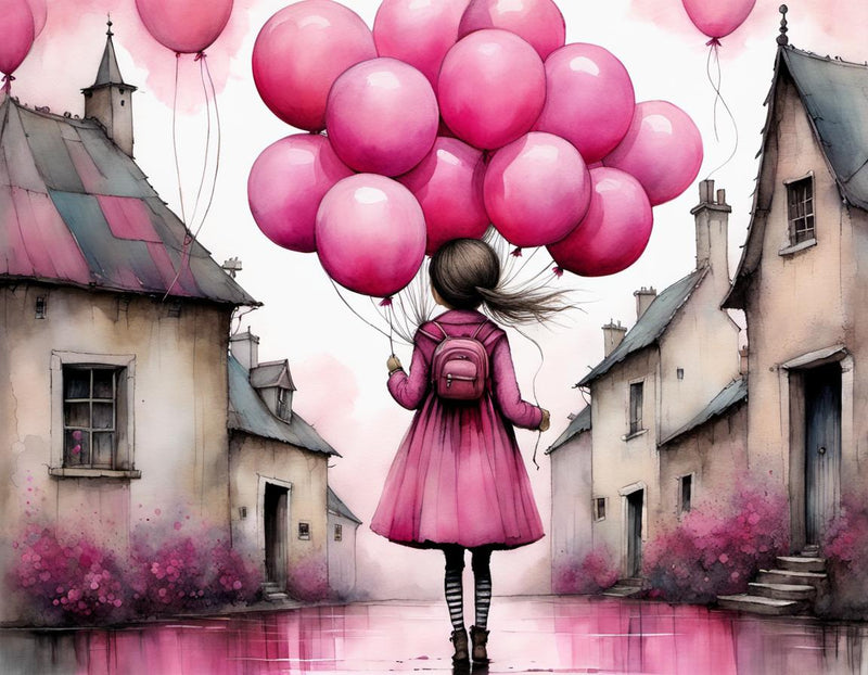 Young Girl Pink Dress Balloons Includes Transparent Background AI Enhanced Digital Design Instant Download Fairycore Cottagecore DIY Craft