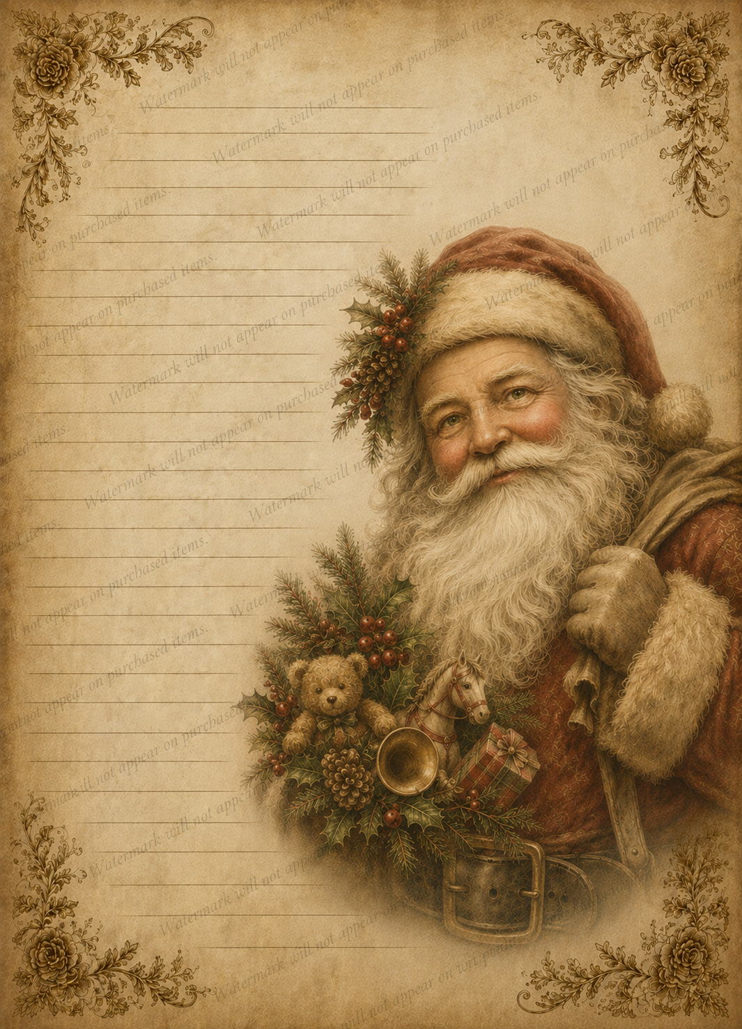 Vintage Christmas Stationery Printable Set of 5, Lined Holiday Writing Paper, Santa, Snowman, Christmas Tree, PNG Download