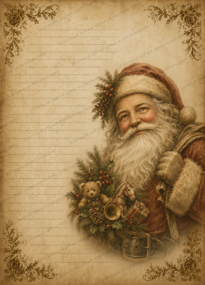 Vintage Christmas Stationery Printable Set of 5, Lined Holiday Writing Paper, Santa, Snowman, Christmas Tree, PNG Download