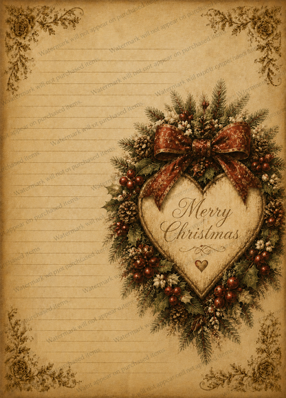 Vintage Christmas Stationery Printable Set of 5, Lined Holiday Writing Paper, Santa, Snowman, Christmas Tree, PNG Download