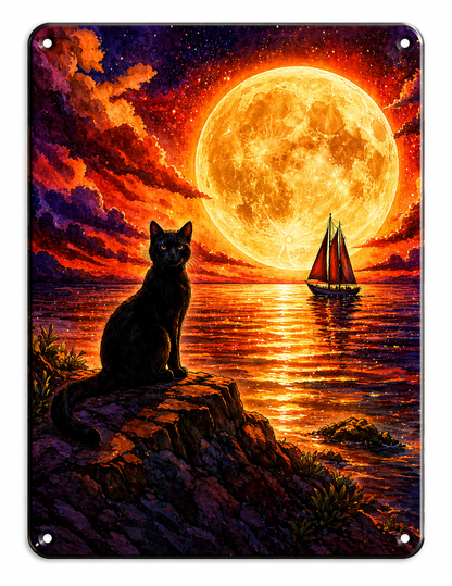 Black Cat Moonlit Ocean Art Print PNG Fantasy Night Sky Sailboat Illustration Gothic Coastal Wall Decor Mystic Seascape Digital Download