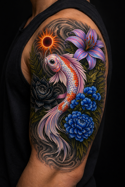 Iridescent Koi Fish Tattoo Design PNG Floral Japanese Style Wall Art Printable T Shirt Graphic Blue Flowers Purple Lily