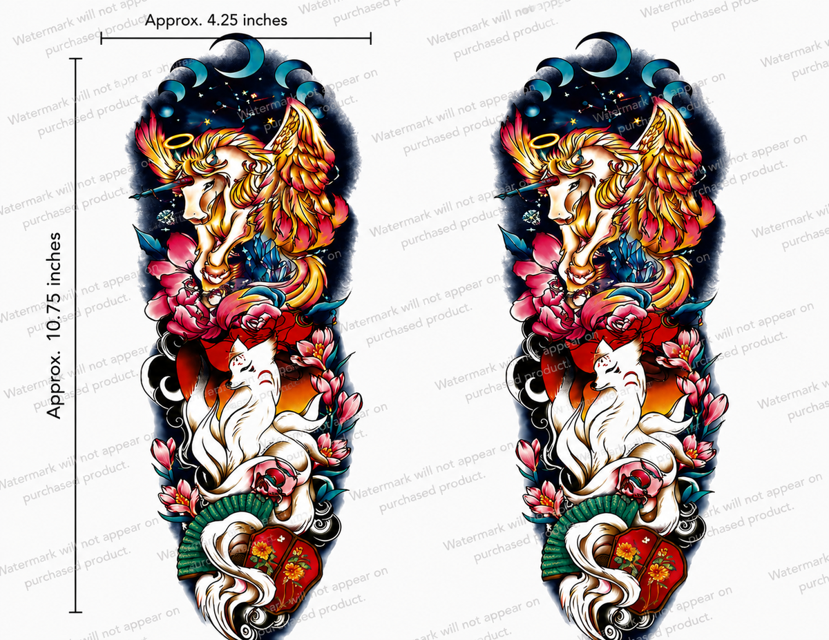 Celestial Unicorn Floral Tattoo Designs – Set of 16 Printable Fantasy Temporary Tattoo Art Downloads