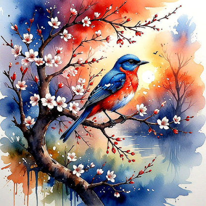 Twilight Songbird in Bloom – Watercolor Bluebird Digital Art Print – Cherry Blossom Tree Sunset Painting – Instant Download DIY Wall Decor