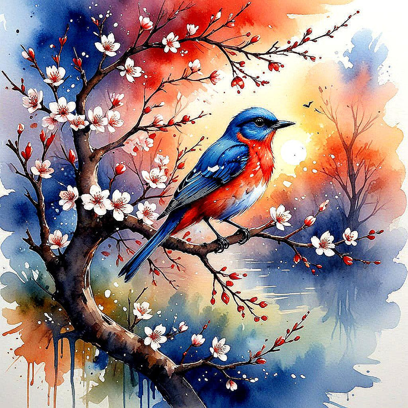 Twilight Songbird in Bloom – Watercolor Bluebird Digital Art Print – Cherry Blossom Tree Sunset Painting – Instant Download DIY Wall Decor