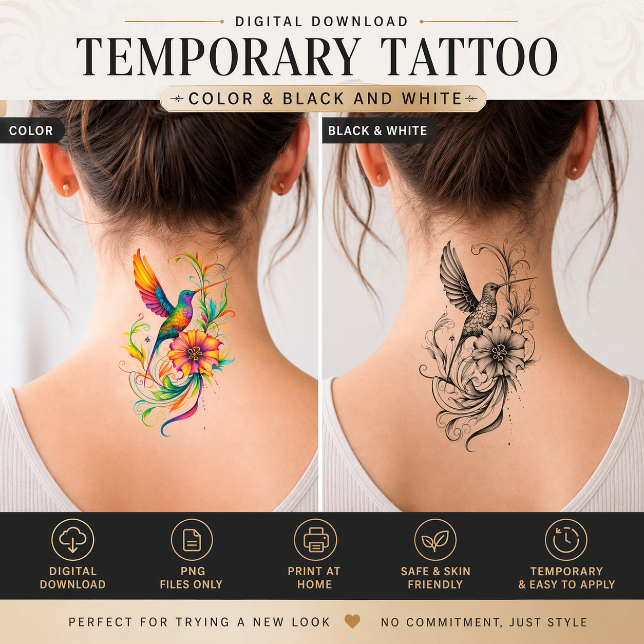 Hummingbird and Flower Tattoo Digital Download Black and White and Color PNG Elegant Nature Realistic Art
