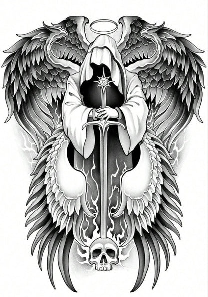 Divine Reaper Angel of Judgement Full Back Temporary Tattoo Digital Download Gothic Skull Wings Body Art Printable DIY Tattoo Flash Design