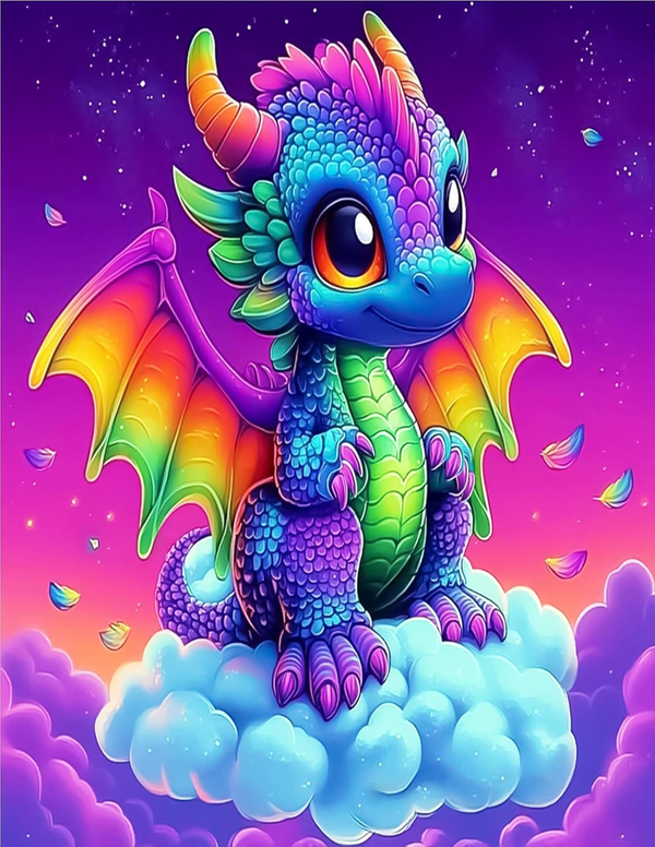 Colorful Baby Dragon Fantasy Digital Art – PNG SVG Download – Kawaii Rainbow Cloud Dragon for Nursery Wall Decor, Vinyl, Sublimation Print