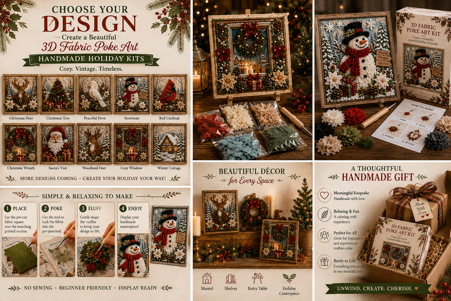 3D Fabric Poke Art Christmas Craft Kit, Choose Your Design, DIY Holiday Craft, No Sewing, Handmade Christmas Gift