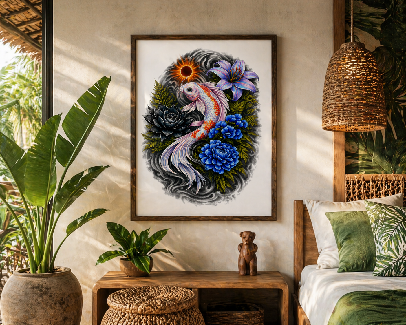 Iridescent Koi Fish Tattoo Design PNG Floral Japanese Style Wall Art Printable T Shirt Graphic Blue Flowers Purple Lily