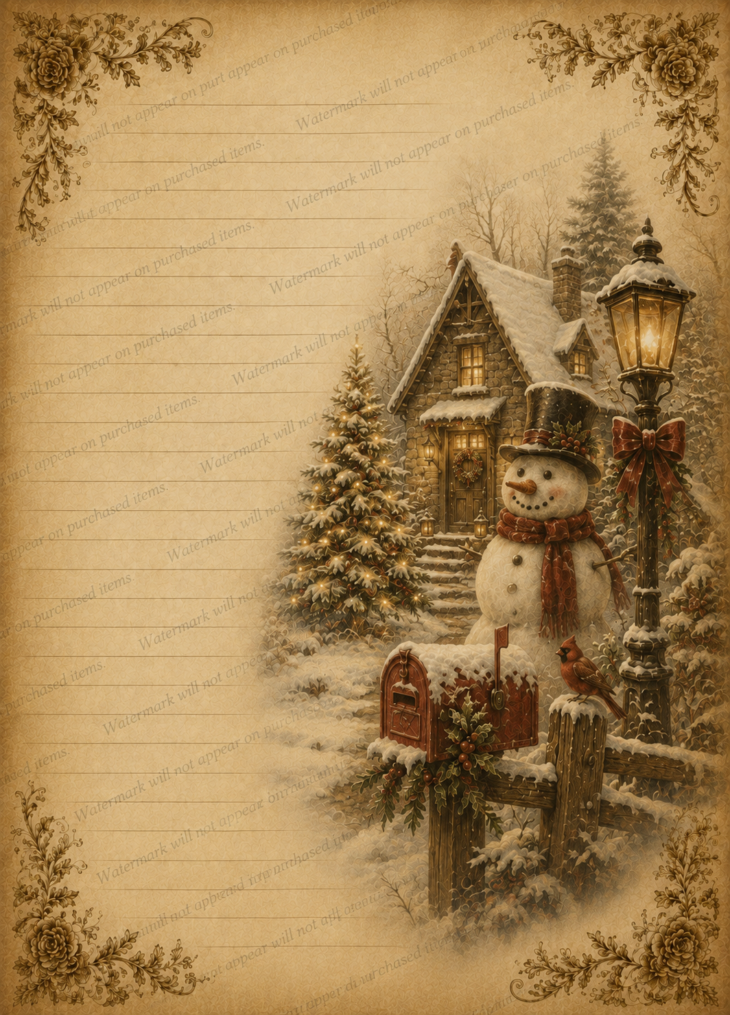 Vintage Christmas Stationery Printable Set of 5, Lined Holiday Writing Paper, Santa, Snowman, Christmas Tree, PNG Download