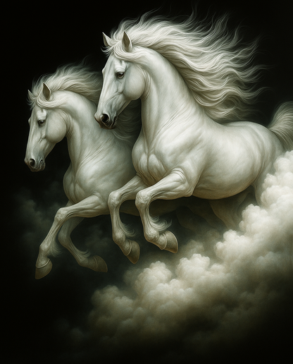 Heaven’s Charge Majestic White Stallions Galloping Through Clouds Printable Fantasy Horse Art Digital Download Equestrian Decor