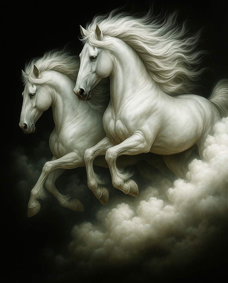 Heaven’s Charge Majestic White Stallions Galloping Through Clouds Printable Fantasy Horse Art Digital Download Equestrian Decor