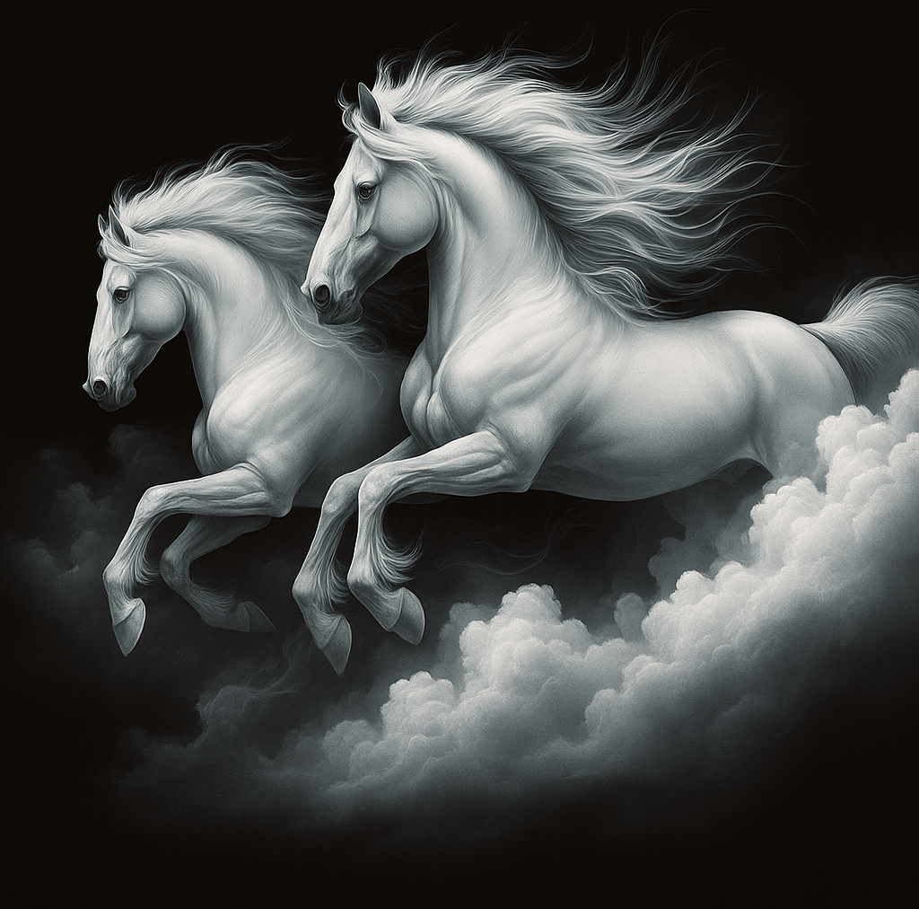 Heaven’s Charge Majestic White Stallions Galloping Through Clouds Printable Fantasy Horse Art Digital Download Equestrian Decor