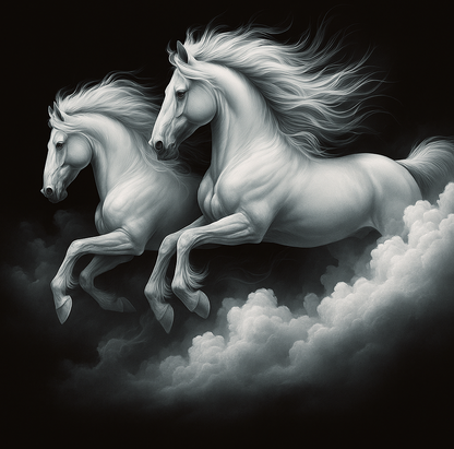 Heaven’s Charge Majestic White Stallions Galloping Through Clouds Printable Fantasy Horse Art Digital Download Equestrian Decor