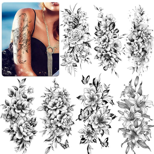 12 Sheets Half Arm Temporary Tattoos Floral Black and Grey Sleeve Realistic Flower Designs Waterproof Large Long Lasting