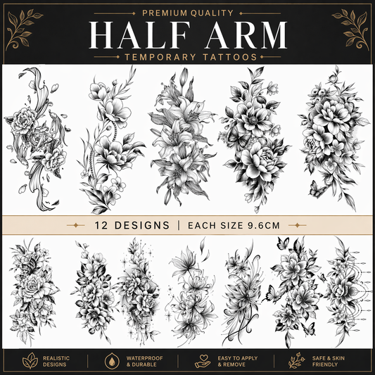 12 Sheets Half Arm Temporary Tattoos Floral Black and Grey Sleeve Realistic Flower Designs Waterproof Large Long Lasting