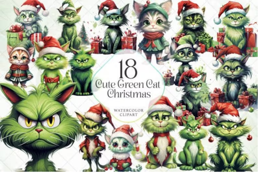 GREEN CAT CHRISTMAS, Grinch, Watercolor, Sublimation, Greench cat, DIgital files, Png, Instant download, Christmas cat.
