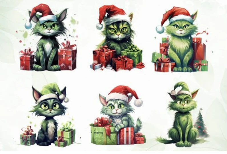 GREEN CAT CHRISTMAS, Grinch, Watercolor, Sublimation, Greench cat, DIgital files, Png, Instant download, Christmas cat.